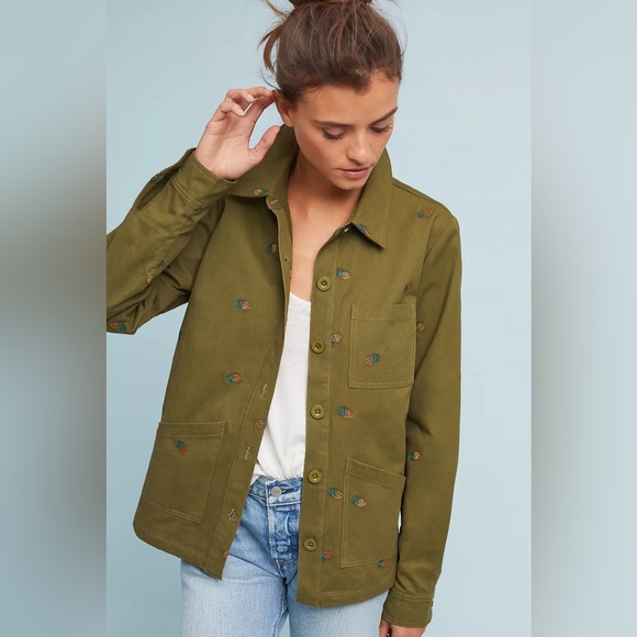 English Factory Jackets & Blazers - ENGLISH FACTORY Pineapple Printed Embroidered Jacket Olive Green Cotton Canvas S
